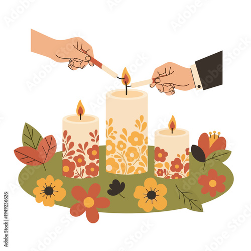 Candle Lighting Ceremony with Decorative Floral Candles and Autumn Leaves