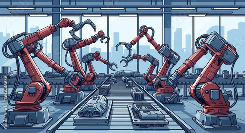 Robotic Arms Working on an Automated Assembly Line.