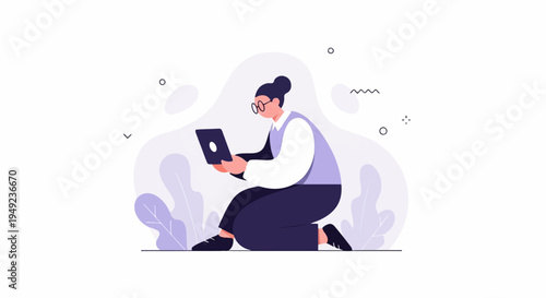 A person in glasses kneels with a laptop, surrounded by abstract shapes and plants
