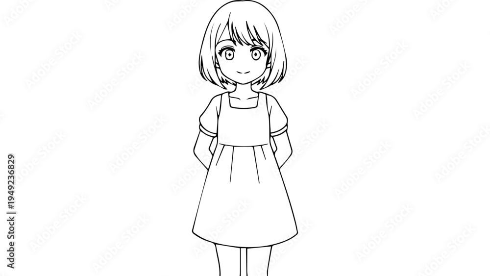 Fototapeta premium Black and white line art vector illustration of a standing young girl in simple dress and short bob hairstyle, front view outline drawing for coloring page