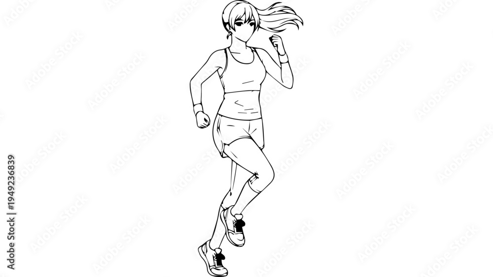 Fototapeta premium Line art vector illustration of female runner in sports bra and shorts, jogging pose with ponytail, minimal black and white outline for fitness branding
