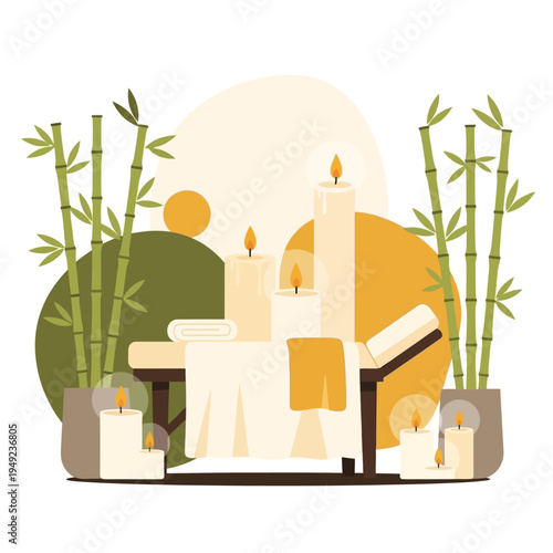 Spa Wellness Illustration with Bamboo and Lit Candles on a Massage Table