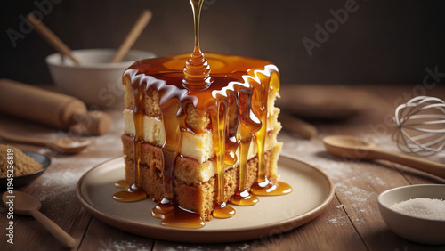 Close up of pouring honey into a slice of layered honey cake, delicious dessert