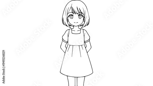 Black and white line art vector illustration of a standing young girl in simple dress and short bob hairstyle, front view outline drawing for coloring page