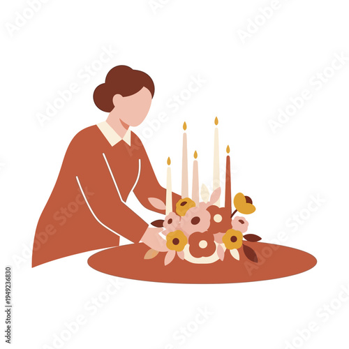 Woman Arranging a Beautiful Floral Centerpiece with Candles on a Table
