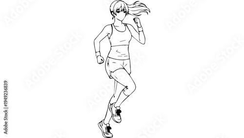 Line art vector illustration of female runner in sports bra and shorts, jogging pose with ponytail, minimal black and white outline for fitness branding