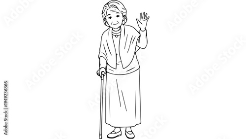 Black and white outline vector illustration of elderly woman standing with walking cane, waving hand, simple line art character isolated on white background
