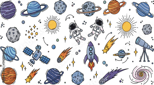 Outer Space Cartoon Collection with Planets, Astronauts, Rocket, Satellite, Telescope, Asteroids, Comets and Solar System Doodle Vector Illustration Set.