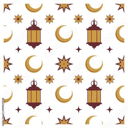 Islamic pattern with crescent moons lanterns and stars