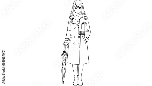 Black and white vector line art of woman in long trench coat holding umbrella, front view fashion illustration outline isolated on white background