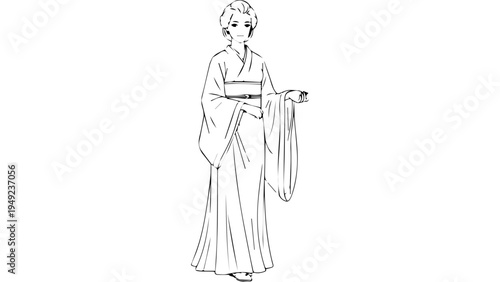 Minimal line art vector illustration of a standing woman in long draped dress holding fabric, elegant fashion figure outline isolated on white background