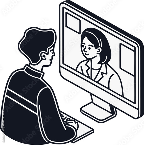 Video Conference: A laptop screen showing a person with a speech bubble vector illustration..