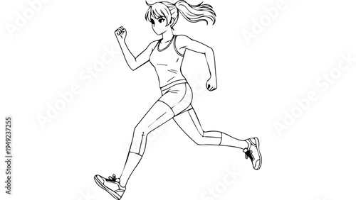 Black and white line art vector illustration of a female runner in side view, athletic woman sprinting or jogging, fitness and training concept for sports design