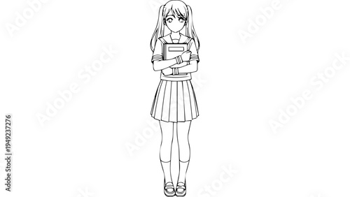 Black and white line art vector illustration of schoolgirl standing and holding a stack of books, anime style student character outline isolated on white