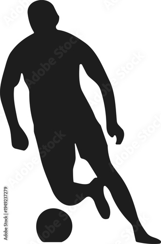 Soccer player kicking ball, sports silhouette, athletic motion vector, football dribble icon, fitness activity illustration, competitive game design, outdoor sports graphic set
