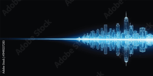 Abstract blue wave design featuring a digital music equalizer and a tech skyline graph for business and finance technology illustrations