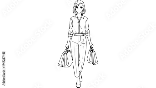 Minimal line art vector of a fashionable woman walking with shopping bags in both hands, monochrome outline illustration for retail marketing, ecommerce and lifestyle design