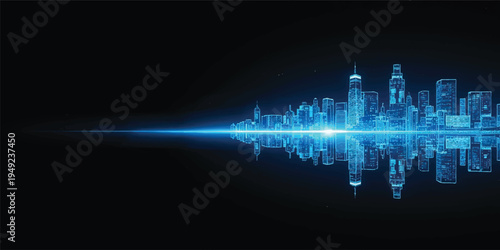 An abstract blue cityscape design features a dark urban skyline silhouette with vector skyscraper buildings and glowing city lights reflecting a modern night architecture illustration