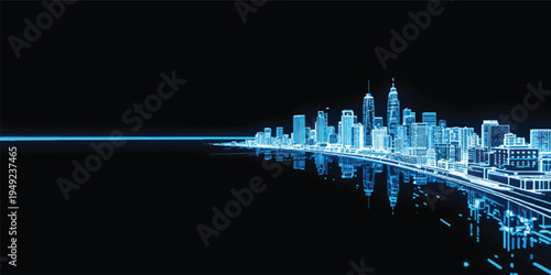 Abstract blue background with neon lines and lights featuring a vector cityscape silhouette of urban skyscrapers and business architecture at night