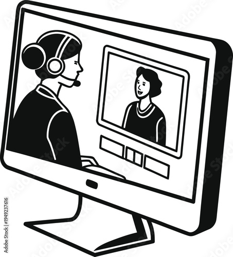 Video Conference: A laptop screen showing a person with a speech bubble vector illustration..