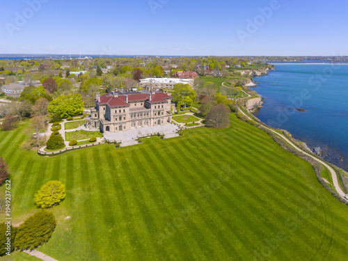 The Breakers and Cliff Walk aerial view at Newport, Rhode Island RI, USA. The Breakers is a Vanderbilt mansion with Italian Renaissance built in 1895 in Bellevue Avenue Historic District in Newport. 