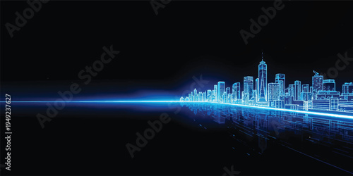 Abstract blue background featuring flowing waves and musical notes integrated with a 3d vector illustration of a city skyline and urban skyscraper architecture