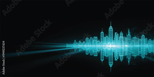 Abstract blue technology background featuring a digital audio equalizer waveform with glowing light lines and electronic frequency pulses for a modern music vector illustration design