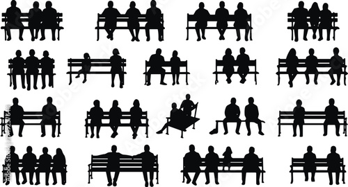 Silhouettes of people sitting on benches, reading newspaper, relaxing, social interaction, urban park scene, leisure, lifestyle, community, illustration