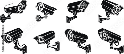 Surveillance camera silhouettes, CCTV security system icons, monitoring technology, infrared lens, safety equipment, video surveillance, protective design, modern security illustration