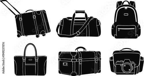 Travel bags luggage silhouettes set, suitcase, duffel, backpack, tote, vintage case, camera bag icons for tourism, journey, vacation, adventure