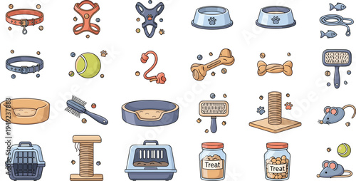 Pet Care Accessories Cartoon Icon Collection with Dog Collar, Harness, Bowl, Bone, Brush, Cat Scratcher, Carrier, Toy Ball and Treats Vector Set.