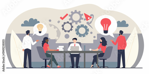 Team meeting generates innovative ideas with brainstorming and problem solving
