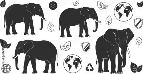 Black and white illustration of elephants with ecological icons including Earth, leaves and recycling symbol for conservation vector design projects