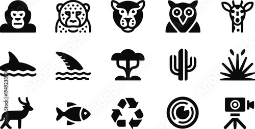 Wildlife animal silhouettes, environmental nature icons, eco conservation symbols, jungle safari creatures, aquatic life, forest plants, recycling, sustainability vector set