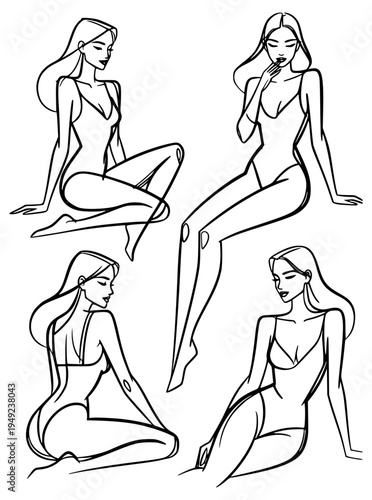 Seated girl in a bodysuit set(line art, several figures)