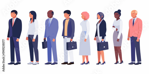 Diverse group of professionals standing in a line facing forward