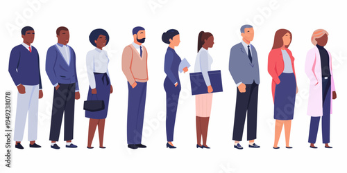 Diverse group of professionals standing in a line facing forward