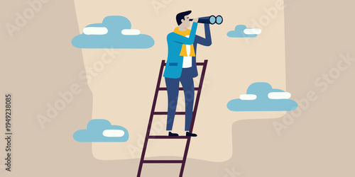 Man on a ladder using binoculars scanning the horizon for opportunities