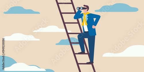 A businessman climbs a ladder while looking through binoculars at the clouds