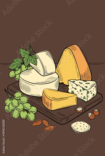 Cheese board charcuterie grapes nuts gourmet illustration