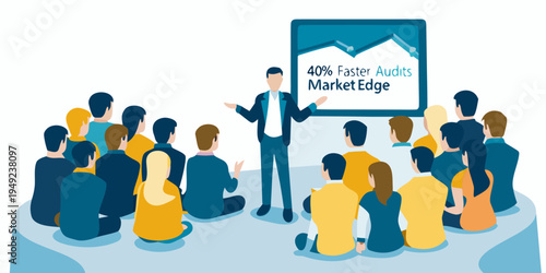A presenter leads a business meeting with data visualization on display