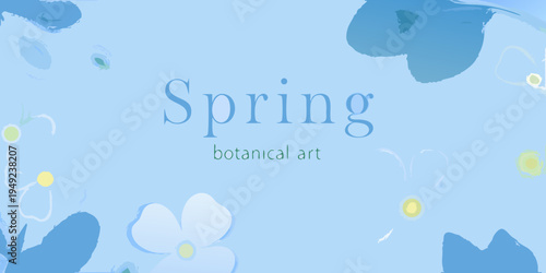 A light blue background with the word spring and floral elements