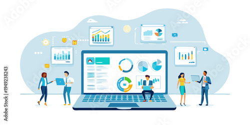 Team analyzing data and charts on a large laptop screen