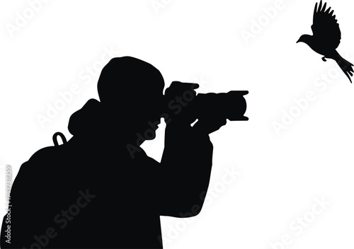 Wildlife photographer silhouette capturing bird in flight, camera with long lens, nature photography icon, outdoor adventure illustration for art, design, education