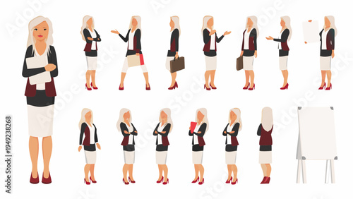 Diverse businesswoman poses and a whiteboard a professional vector illustration