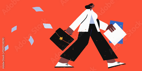A businesswoman walks forward amidst falling papers on a red background