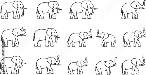 Grid of fifteen cartoon elephant outline illustrations with subtle differences in trunks and ears for puzzle and educational vector projects