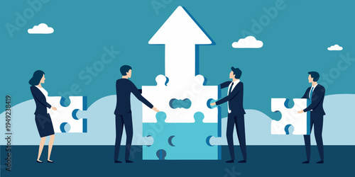 Business professionals connecting puzzle pieces towards upward growth and success
