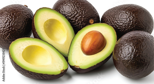 Avocados with One Cut Open on White Background