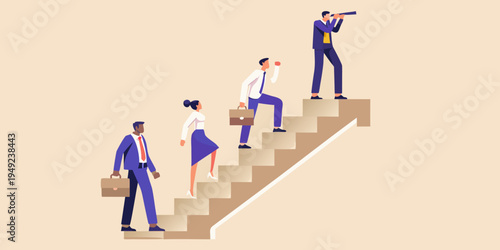 Business professionals ascending stairs symbolizing career growth and forward momentum